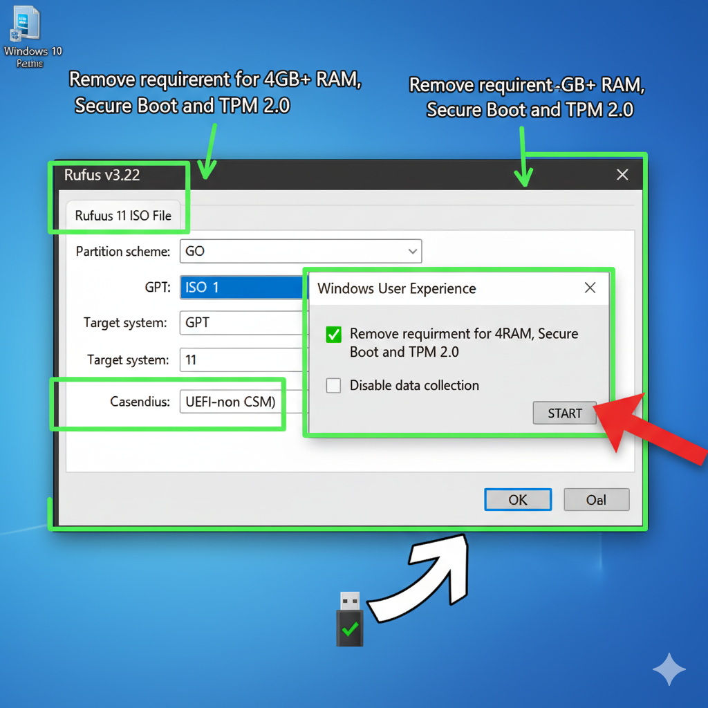 Rufus Einstellungen f�r Windows 11: Haken bei TPM und Secure Boot Bypass setzen