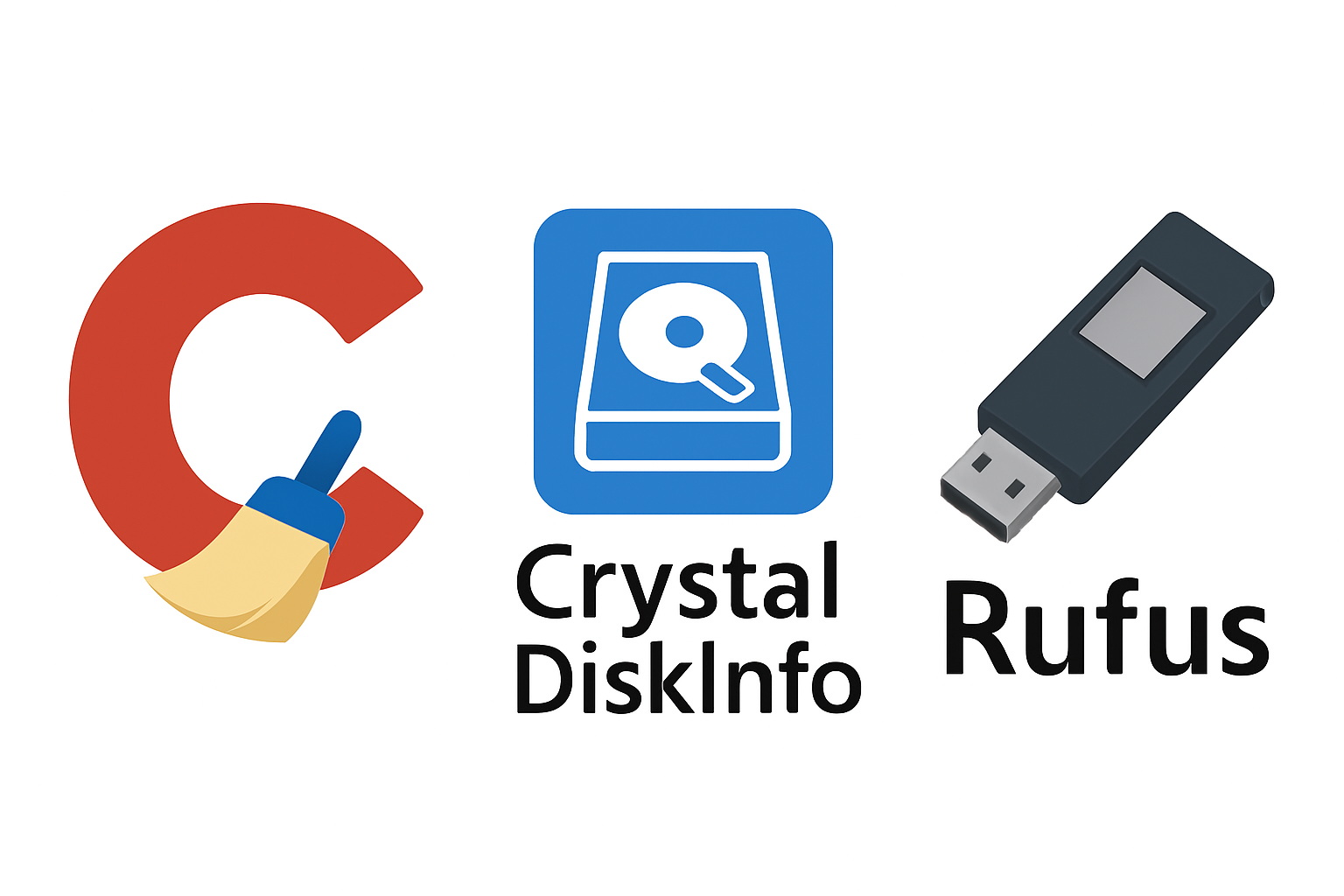 Collage der Icons der besten Gratis-Tools: Rufus, CCleaner, WhyNotWin11, CrystalDiskInfo