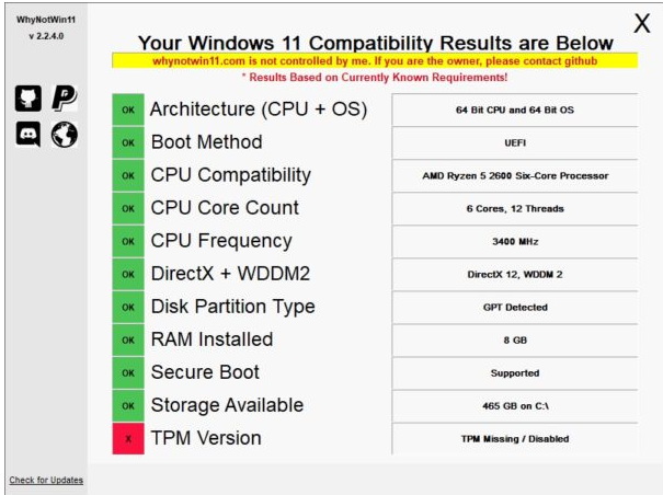 WhyNotWin11 Screenshot zeigt rote Kreuze bei TPM 2.0 und CPU an