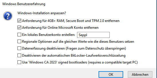 Anforderungen für 4GB+ RAM, Secure Boot und TPM 2.0 entfernen. Anforderungen für 4GB+ RAM, Secure Boot und TPM 2.0 entfernen.