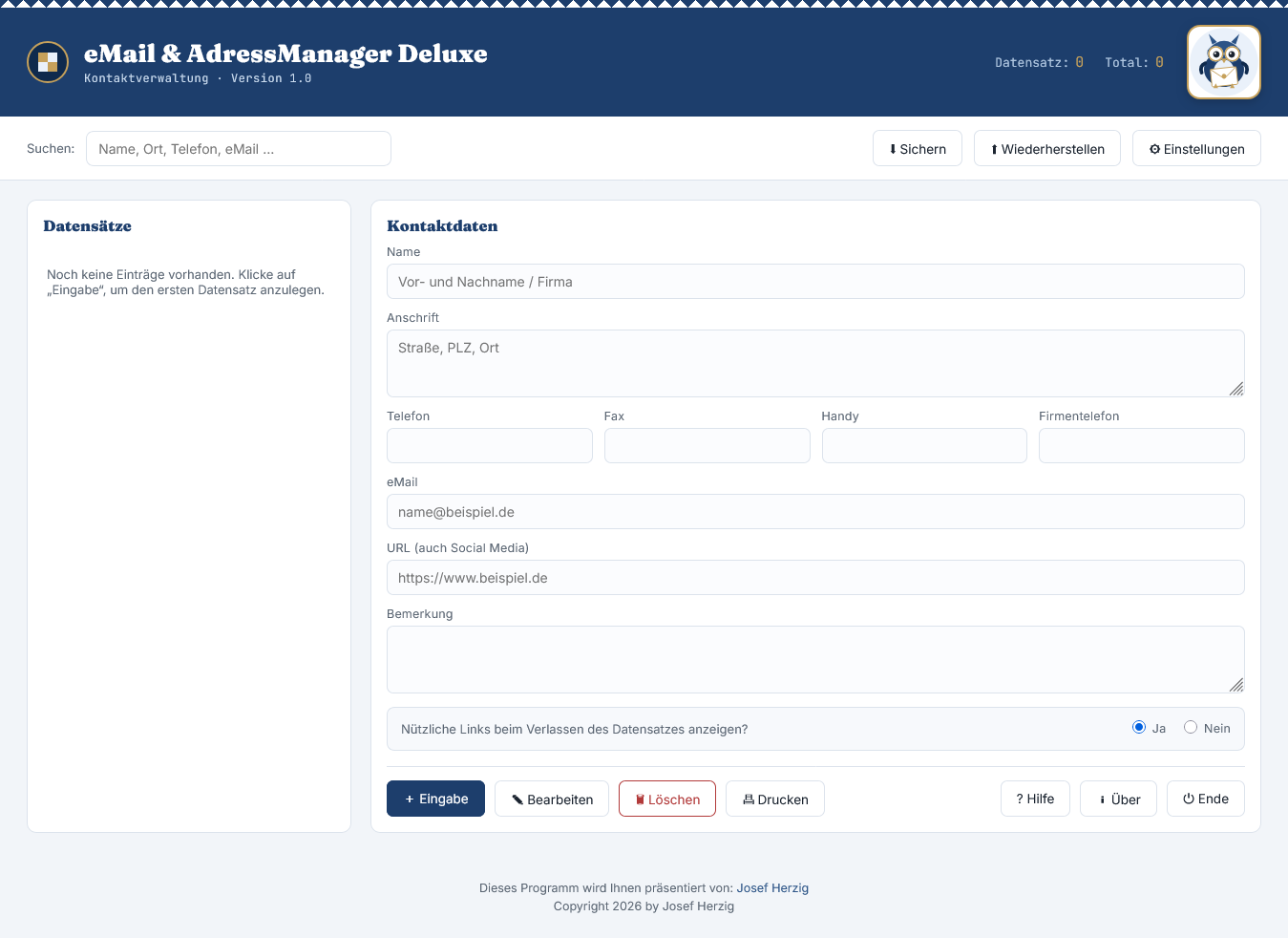 Eingabemaske eMail & AdressManager Deluxe